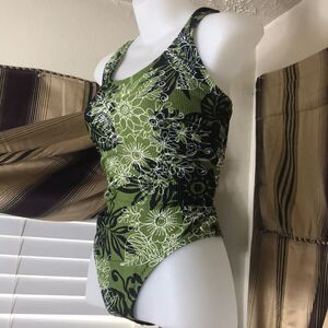 Vintage 90s California One Green Floral Bathing-suit Size L (12-14) Swimsuit